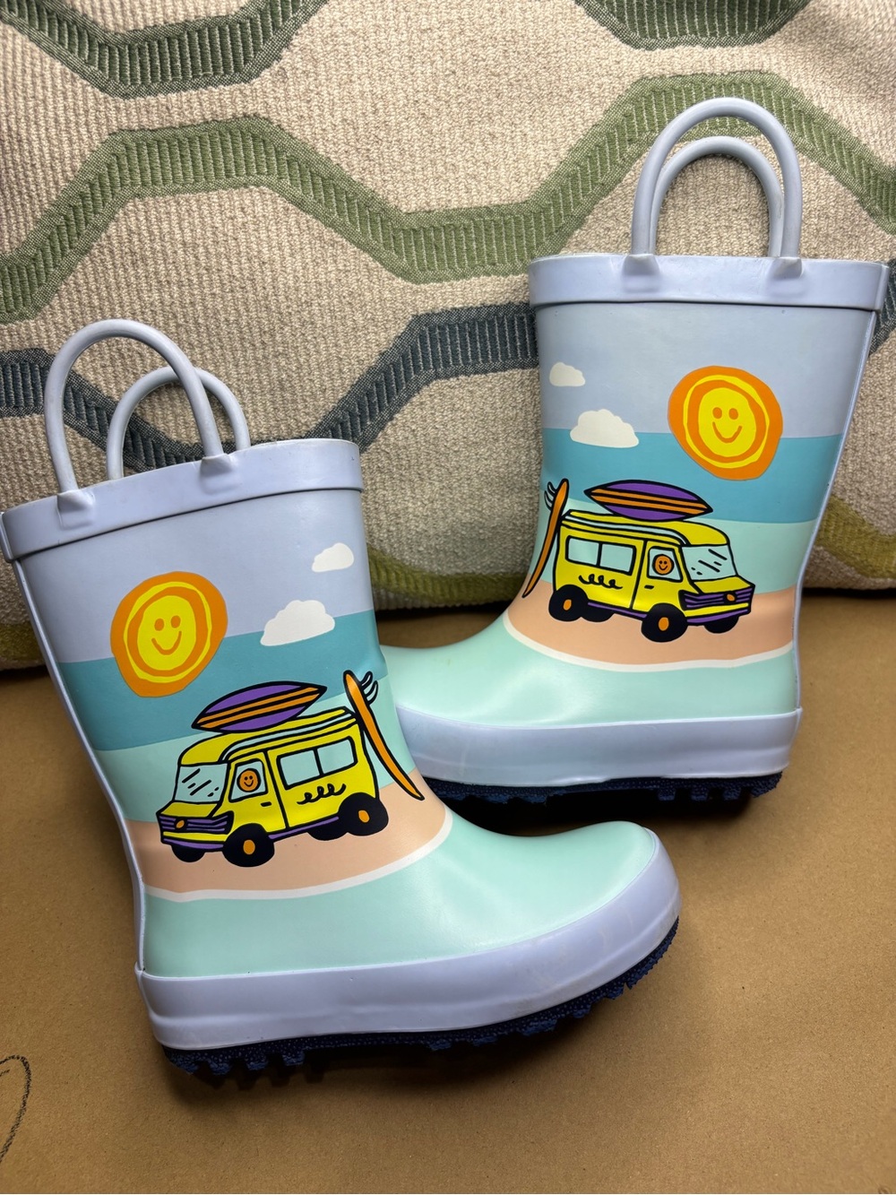 Cat & Jack Light Blue and Yellow Surf Van Kids Rain Boots
